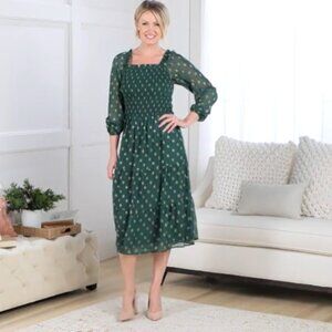 NWT Denim & Co. Canyon Retreat Smocked Jacquard Midi Dress - Evergreen - 1X
